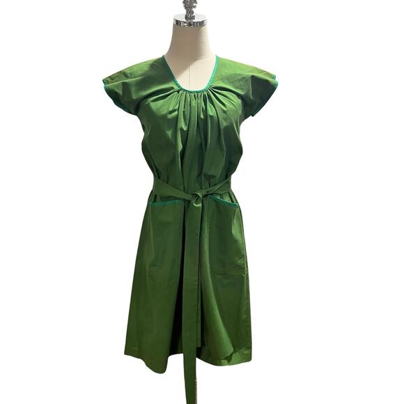 Saint Laurent Rive Gauche Vintage 1970 Green Belted Cap Sleeve Mididress sz 34/2 - Picture 1 of 16